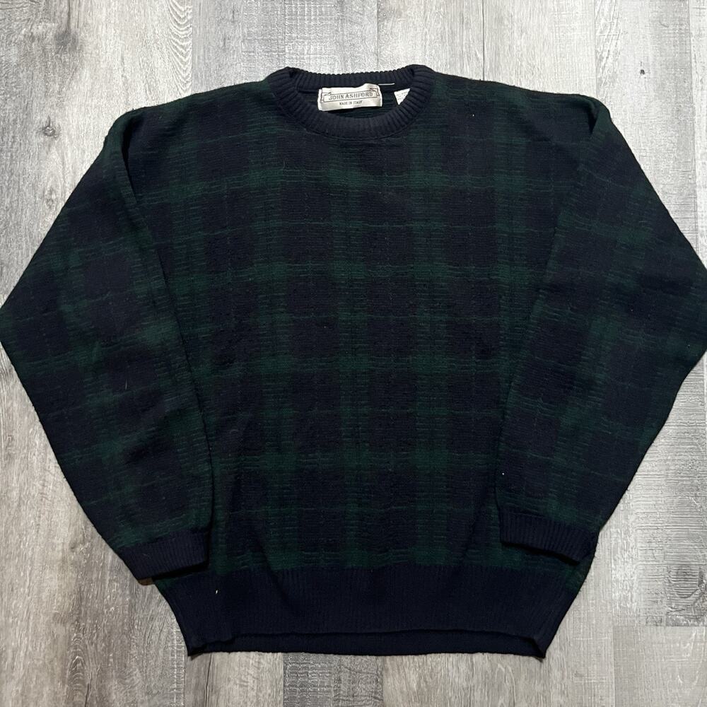 VTG John Ashford Black Watch Plaid Italian Wool Blend Sweater Green/Blue Sz M